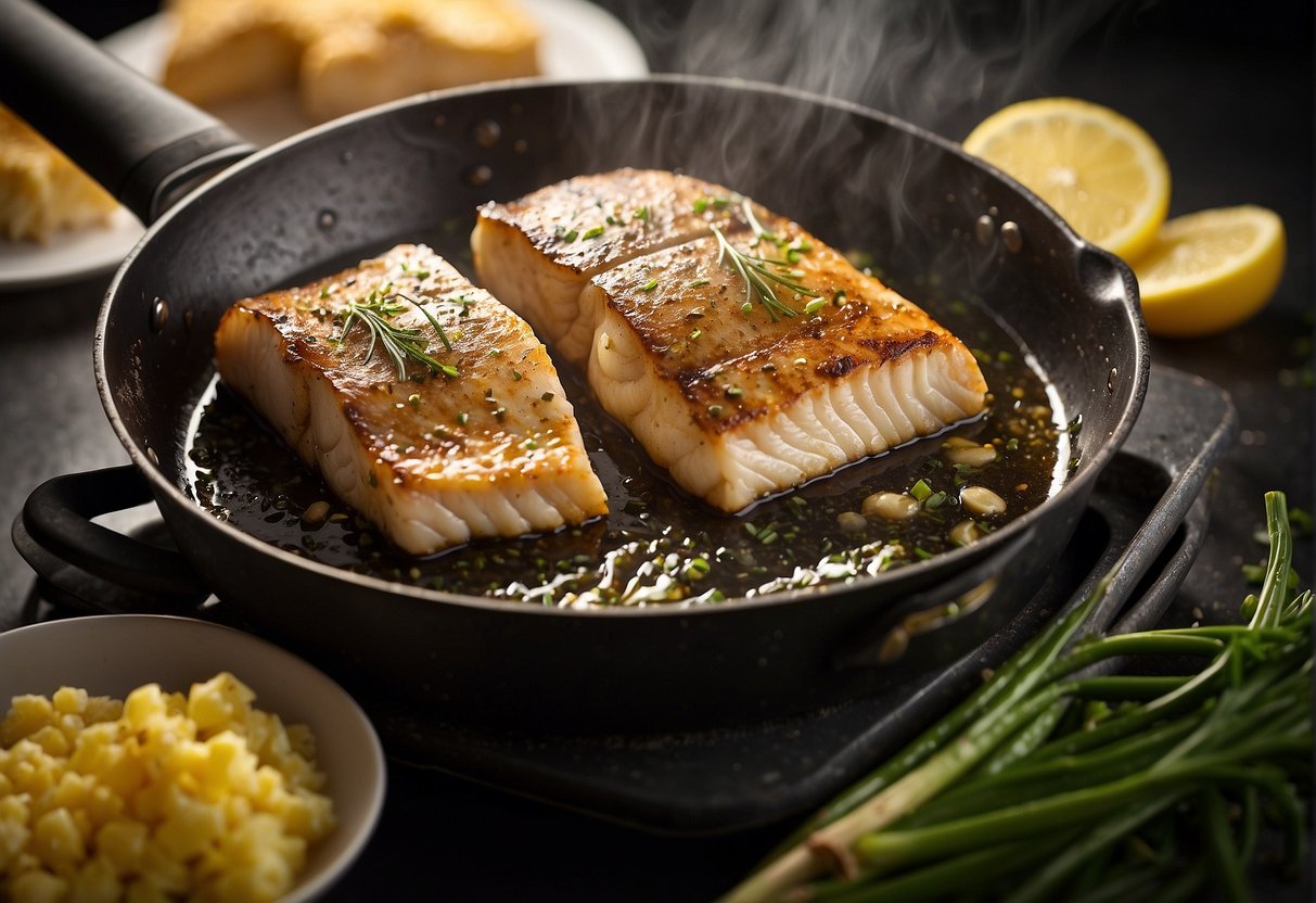 Cod fish sizzling in a hot pan with oil, being flipped with a spatula, steam rising, and a golden brown crust forming