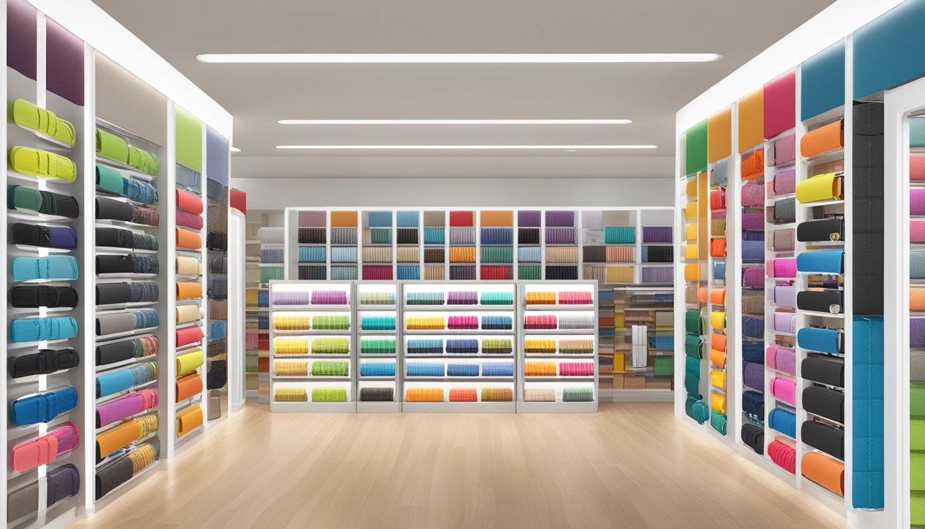 A display of colorful apple watch straps on shelves at a Singapore store, with signs offering shopping tips