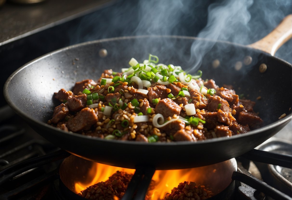 A sizzling wok cooks up Chinese ground pork with garlic, ginger, and green onions, filling the air with savory aromas