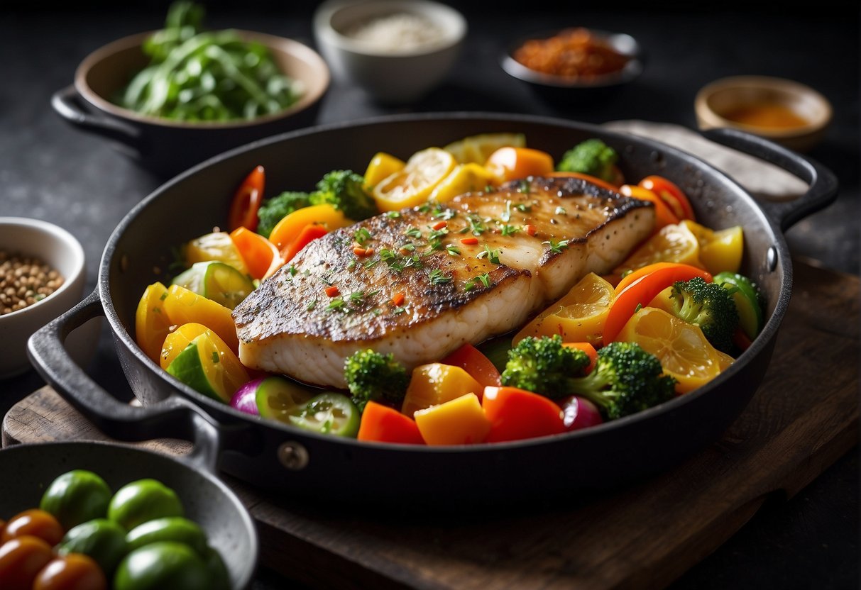 Cod fish sizzling in a hot pan, surrounded by colorful vegetables and aromatic spices. A pair of chopsticks rests on the edge of the pan, ready to serve the dish