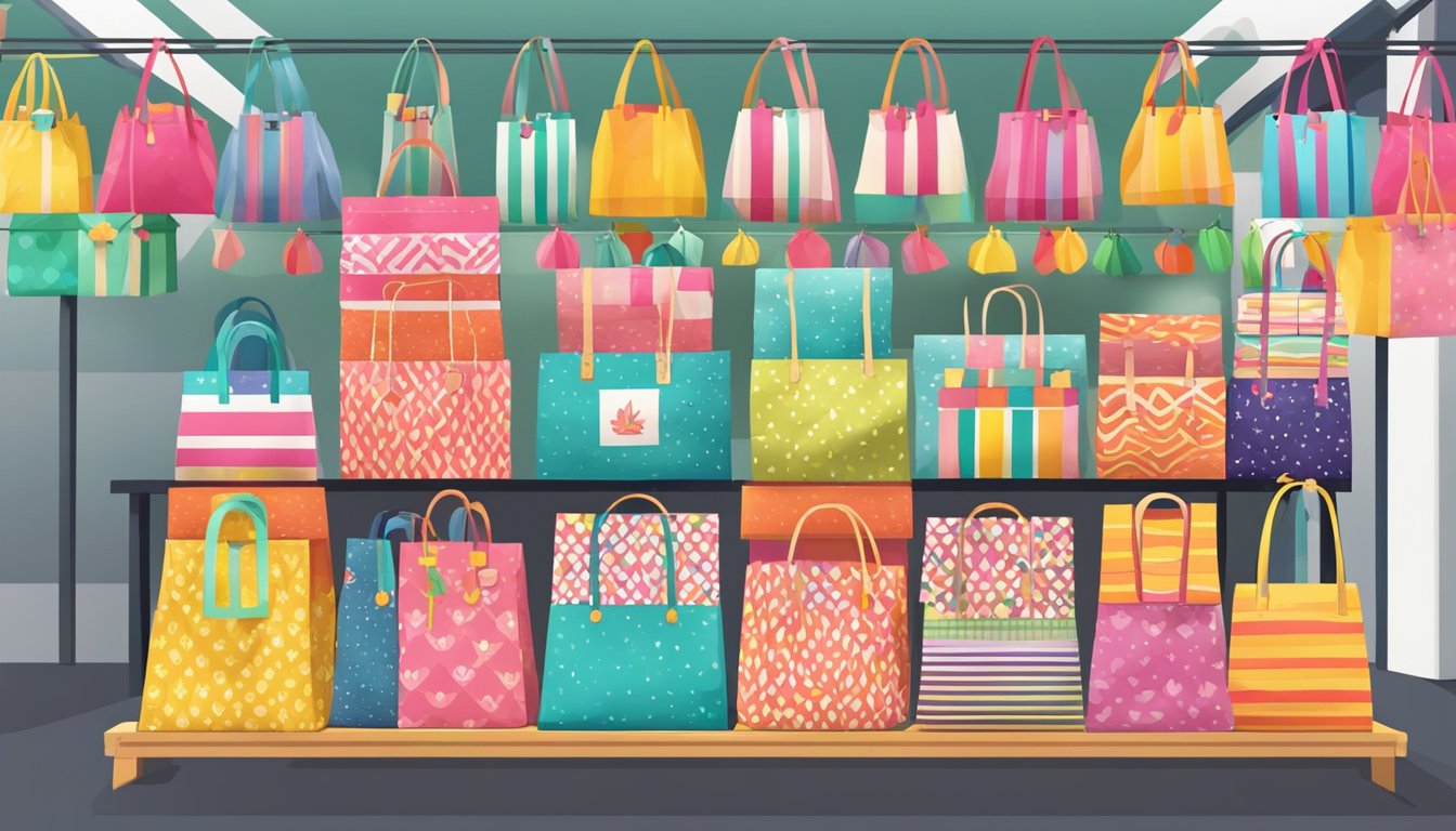 Colorful display of goodie bags at a Singaporean market stall. Brightly patterned bags hang from a stand, with a variety of sizes and designs available for purchase