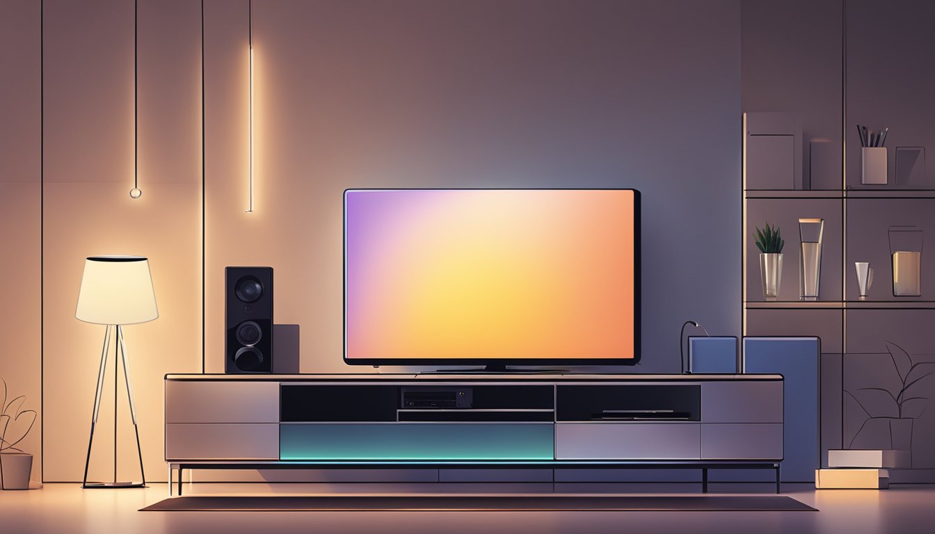 A sleek, modern TV sits on a minimalist stand, casting a soft glow in a dimly lit room