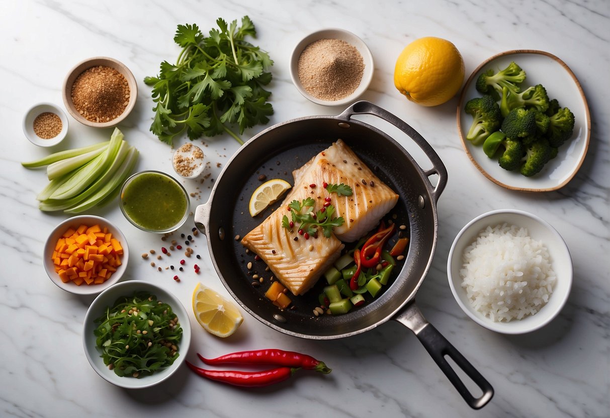 Cod fish sizzling in a hot pan with Chinese seasonings, steam rising, surrounded by ingredients and utensils