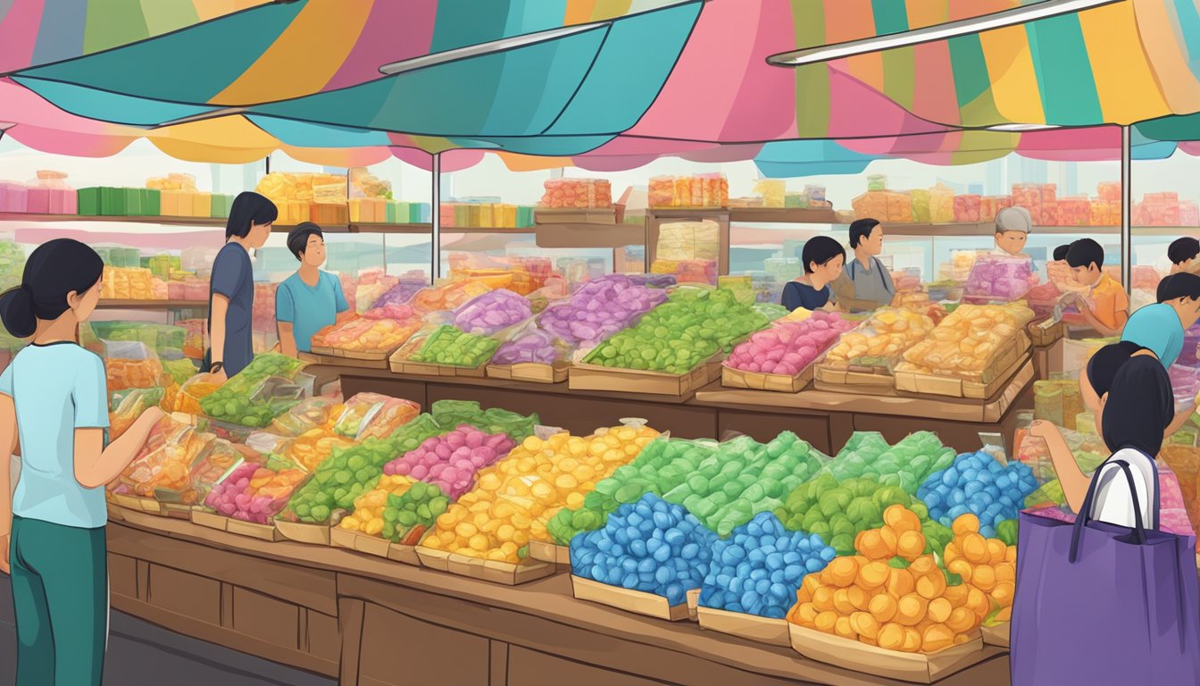 A colorful display of goodie bags at a Singaporean market, with various sizes and designs to choose from