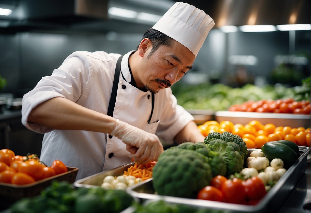 A chef carefully choosing fresh vegetables and spices for Chinese ground pork recipes