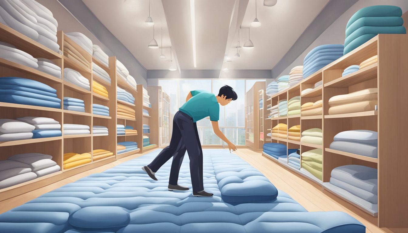 A store clerk inflates a mattress in a bright, spacious showroom in Singapore. Various brands and models are displayed on shelves, with price tags clearly visible