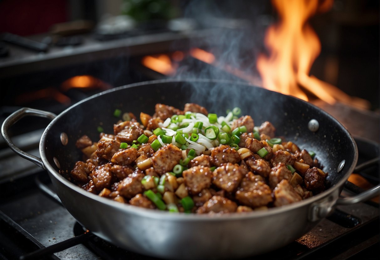 A wok sizzles as ground pork, garlic, and ginger are stir-fried with soy sauce and green onions. A tantalizing aroma fills the kitchen