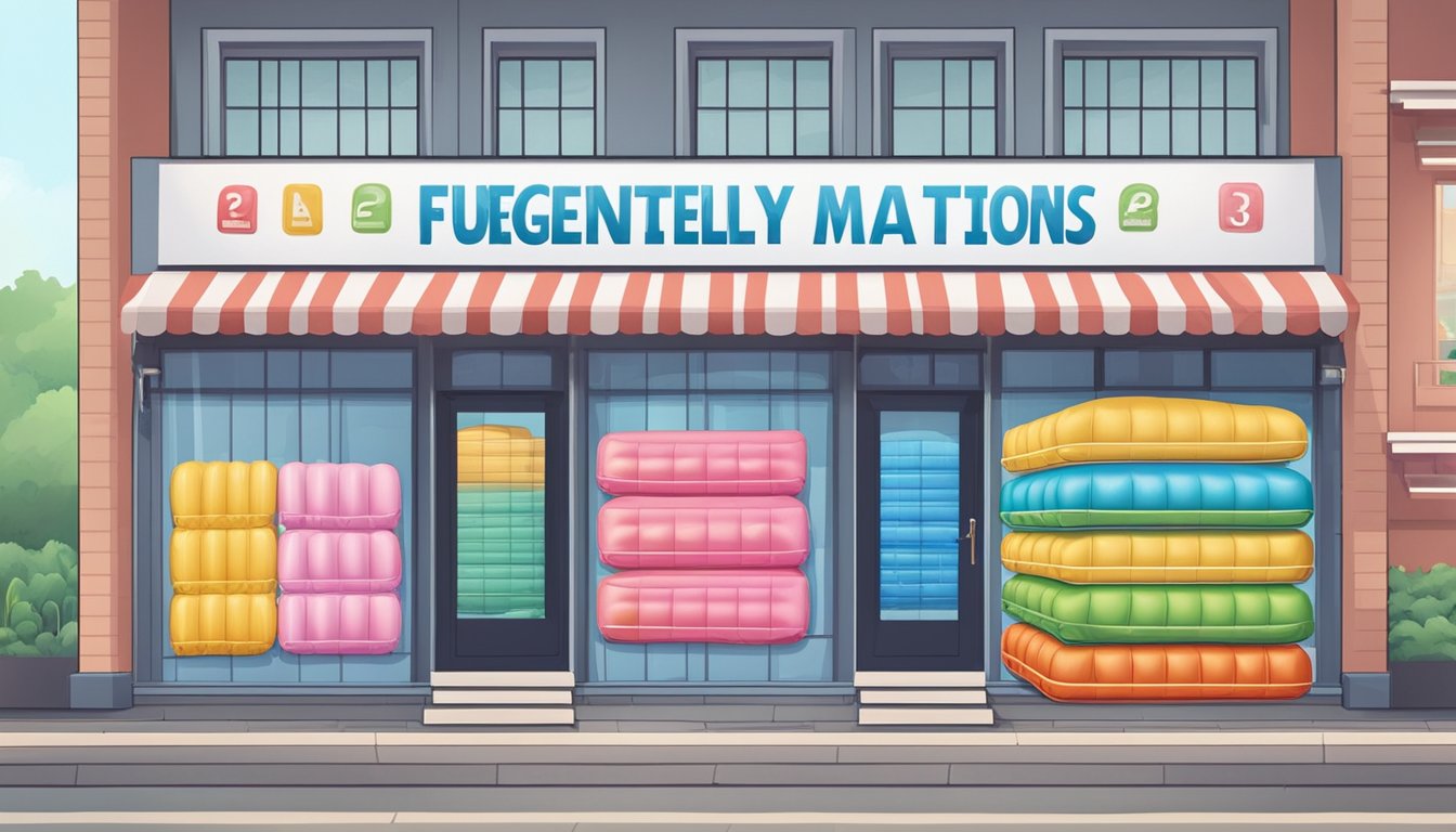 A store with rows of inflatable mattresses, a sign "Frequently Asked Questions: where to buy inflatable mattress Singapore" displayed prominently