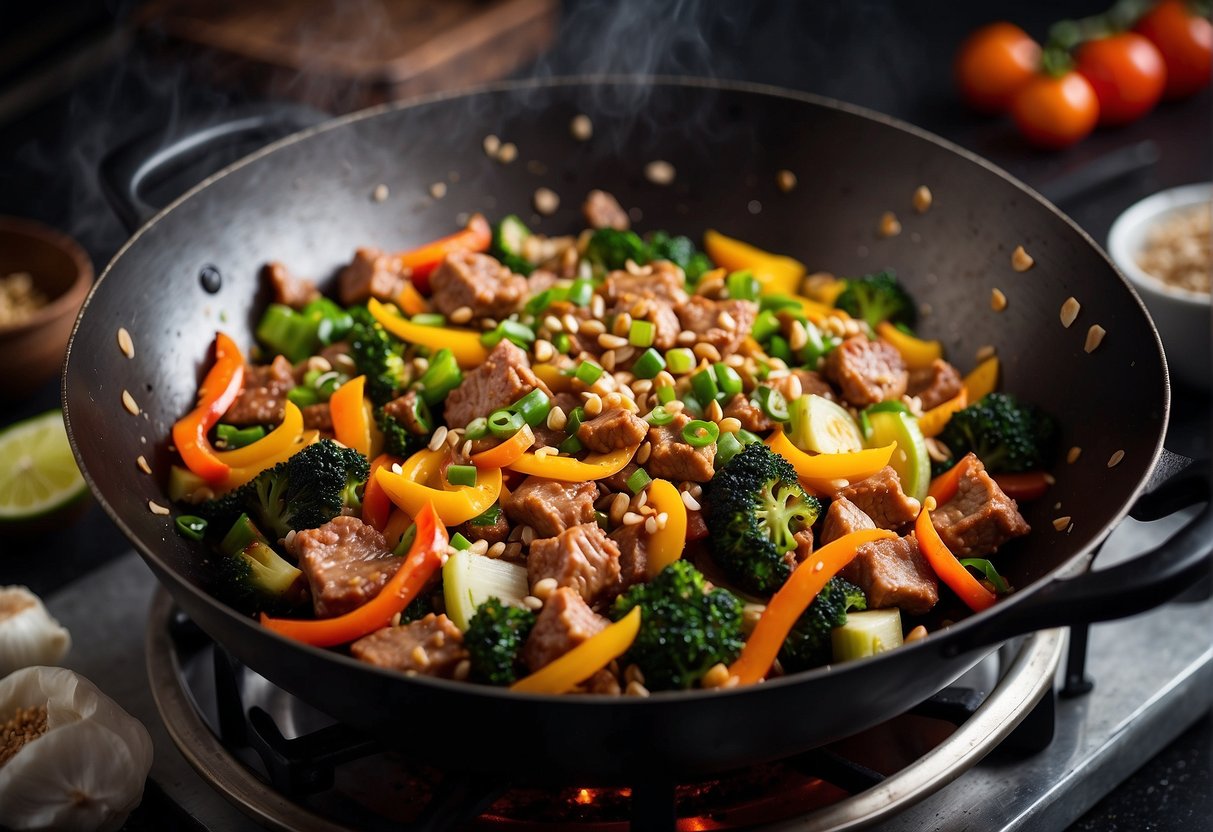 A sizzling wok cooks up a colorful stir-fry of ground pork, ginger, garlic, and vibrant vegetables, creating a mouthwatering aroma that fills the kitchen