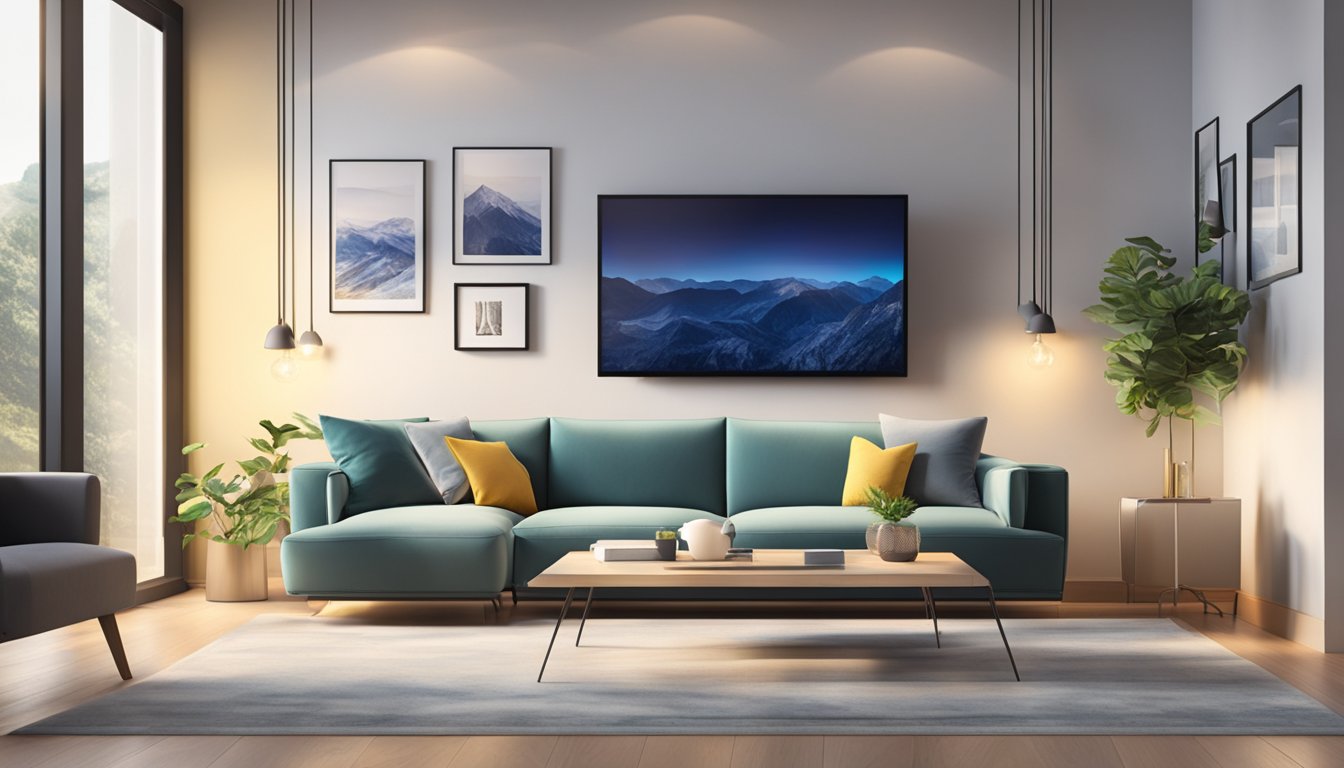 A bright living room with a sleek, modern TV mounted on the wall, surrounded by comfortable seating and soft lighting