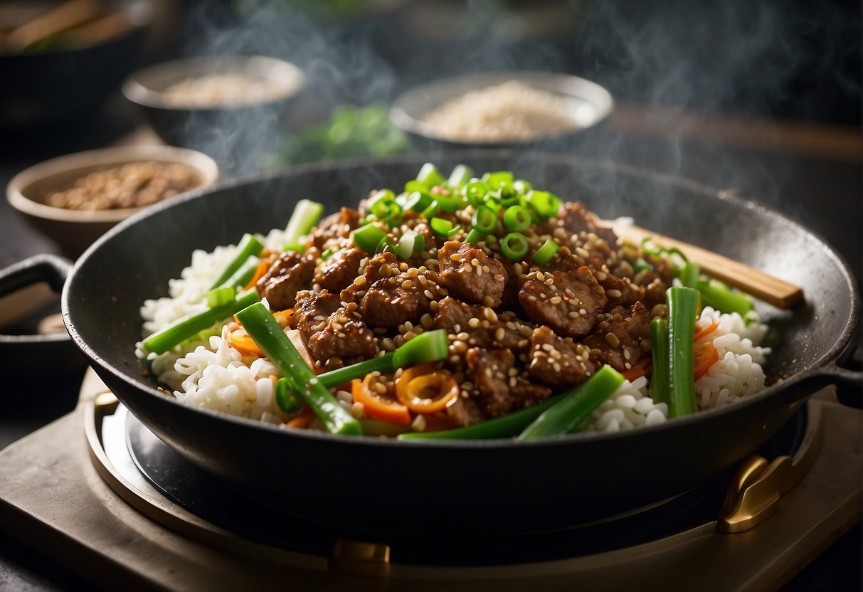 A wok sizzles as ground pork, ginger, garlic, and soy sauce cook together. Green onions and sesame seeds sprinkle on top
