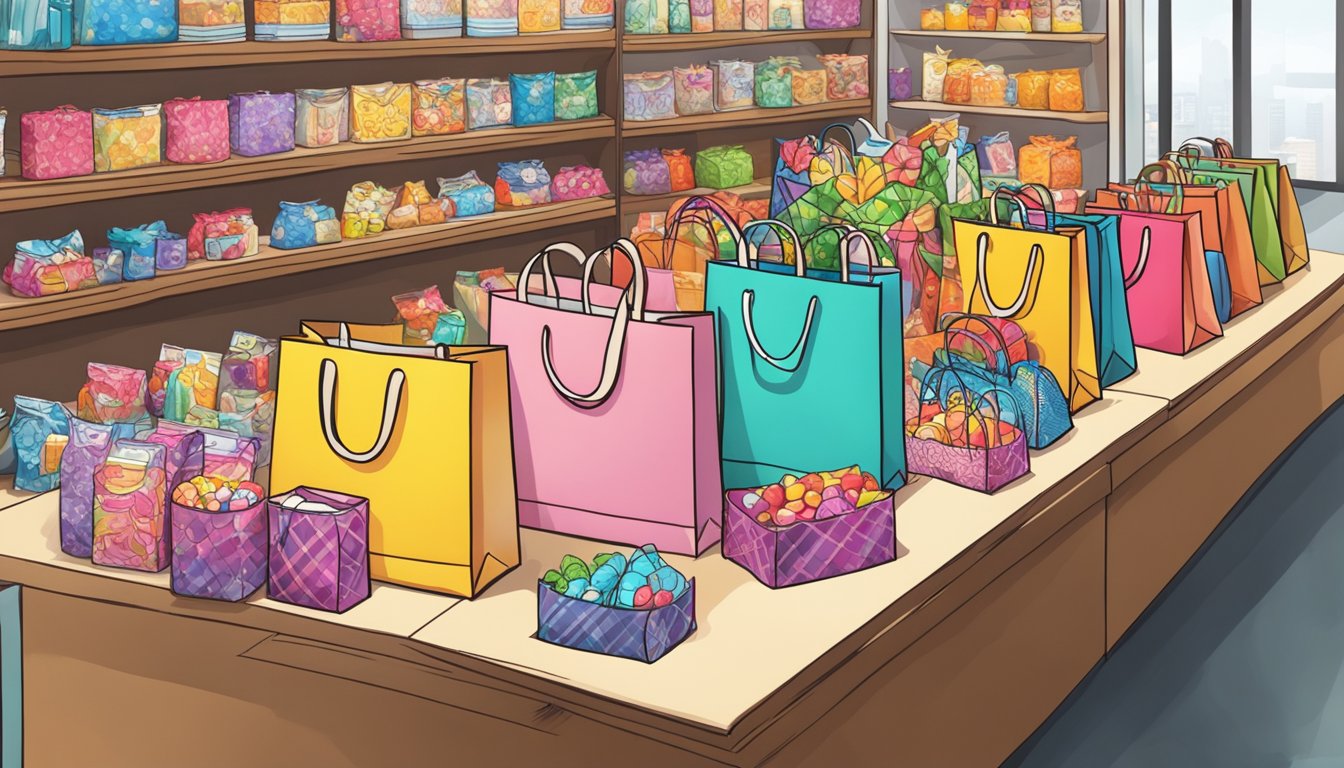 A table displays various goodie bags at a store in Singapore, with colorful designs and sizes to choose from