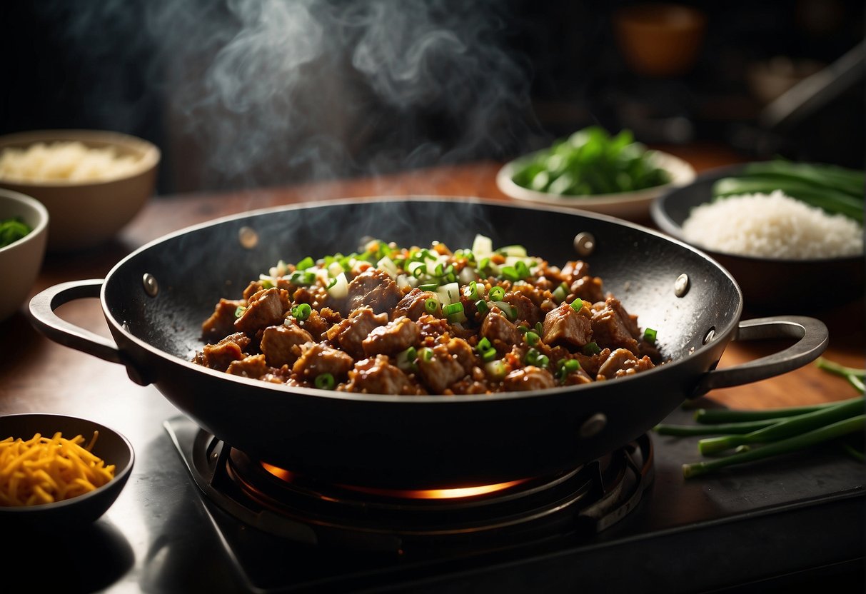 A wok sizzles with ground pork, ginger, and garlic. Soy sauce and hoisin add depth of flavor. Green onions and cilantro await garnish