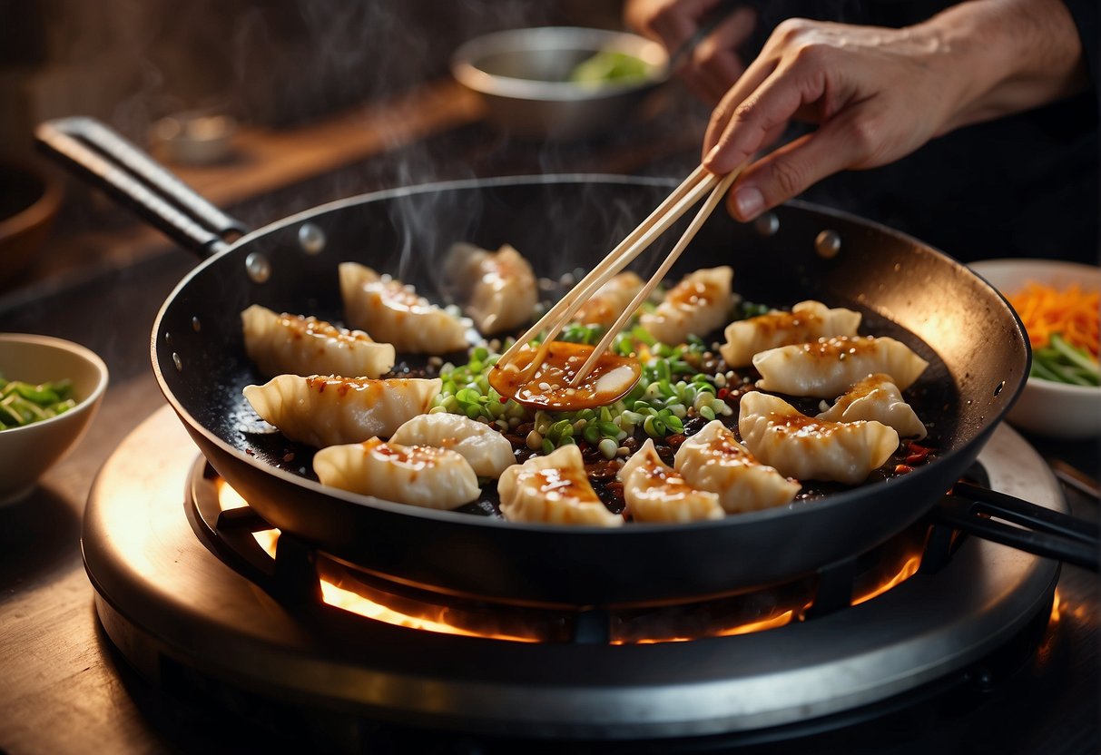 A wok sizzles with frying gyoza. A chef flips them with chopsticks. Ingredients surround the cooking area