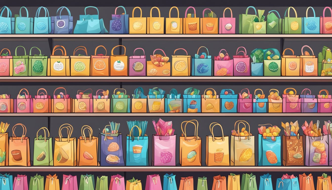 A display of colorful, neatly arranged goodie bags in a Singaporean store