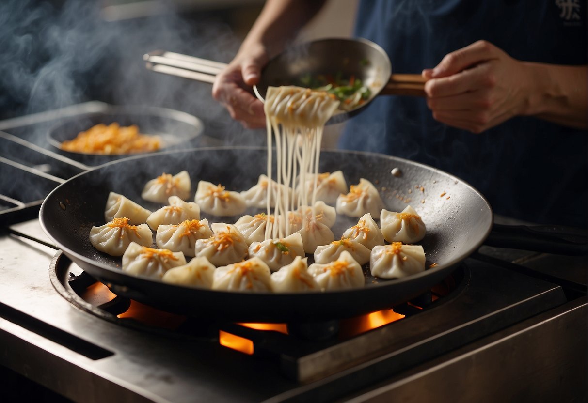 A wok sizzles as gyoza filling is mixed. A chef expertly folds delicate wrappers, ready to be steamed. A hint of ginger and soy fills the air