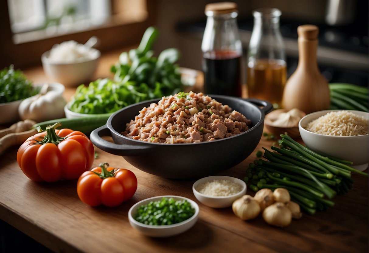 A kitchen counter with a variety of fresh ingredients and cooking utensils, including ground pork, ginger, garlic, soy sauce, and green onions