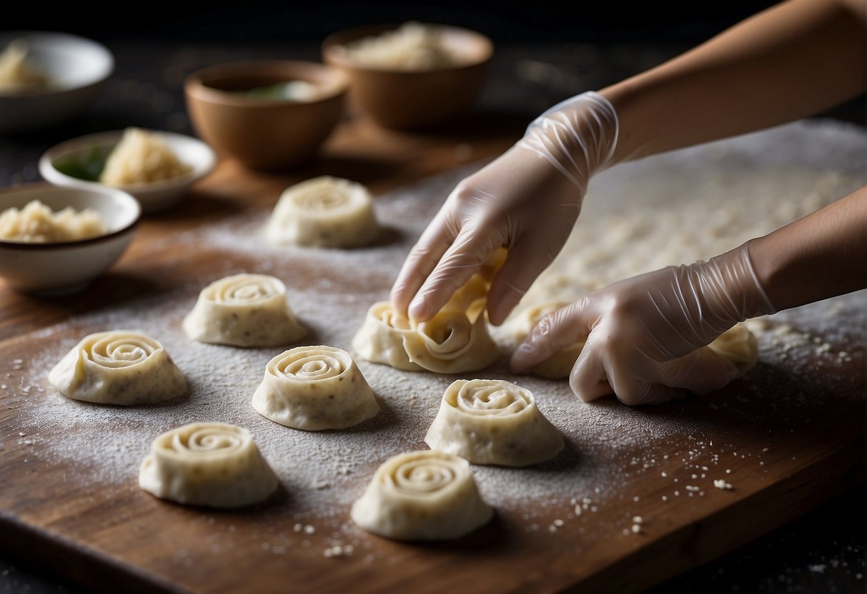 A hand rolls out the gyoza wrapper dough with a rolling pin on a floured surface. The dough is then cut into circles using a round cutter