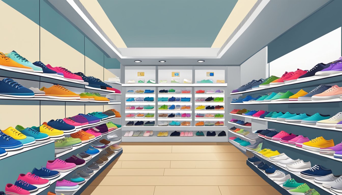 A bright and modern shoe store in Singapore, with shelves displaying a variety of Keds sneakers in different colors and styles