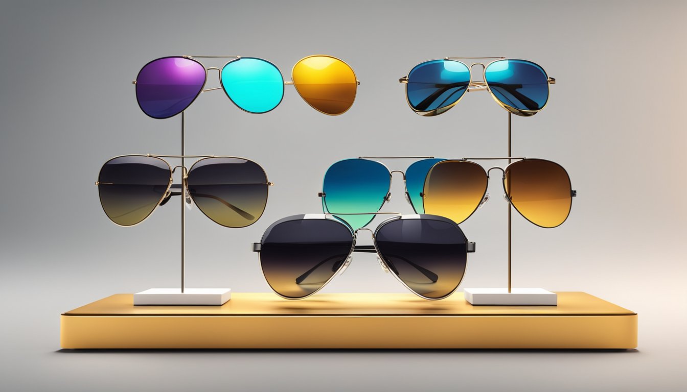 A pair of aviator sunglasses sits on a sleek, modern display stand, surrounded by a variety of other sunglasses. The lighting is bright, highlighting the stylish design of the aviators