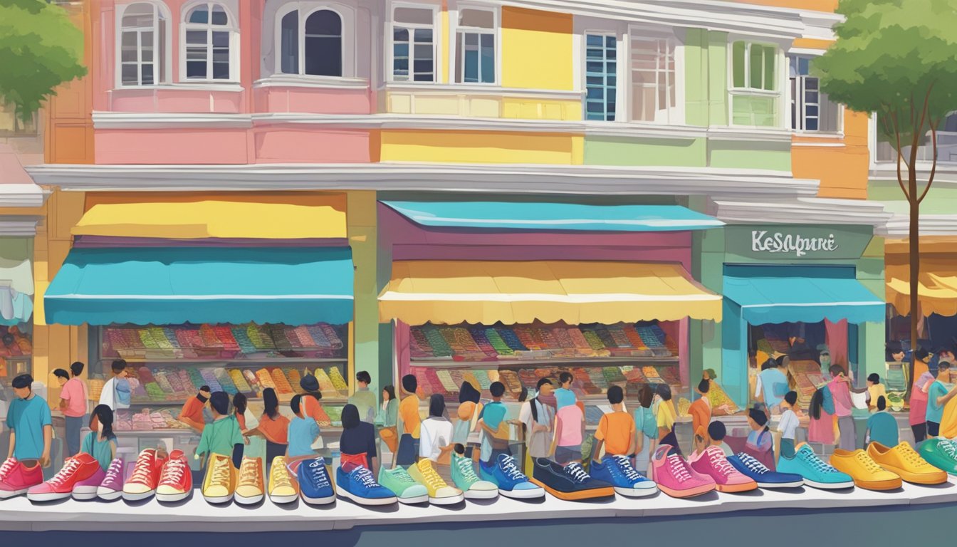 A vibrant street market in Singapore showcases a display of colorful Keds sneakers, attracting the attention of eager shoppers