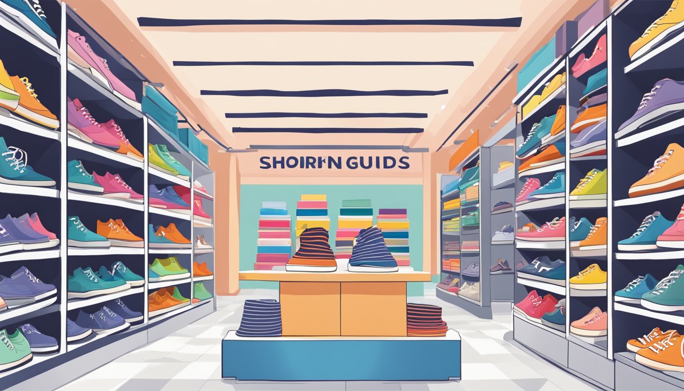 A colorful display of Keds shoes in a trendy Singapore shoe store, with shelves neatly organized and a sign reading "Shopping Guide for Keds Enthusiasts."