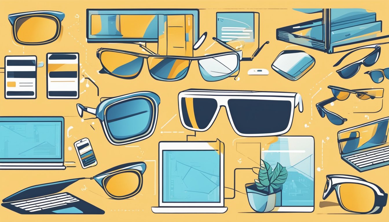 A computer screen displaying a website with a variety of aviator sunglasses. A hand enters the frame to click on a pair and add them to the virtual shopping cart