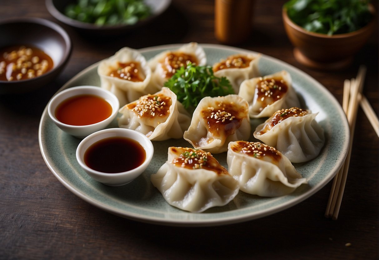 A plate of Chinese gyoza arranged with various dipping sauces, steam rising, chopsticks nearby