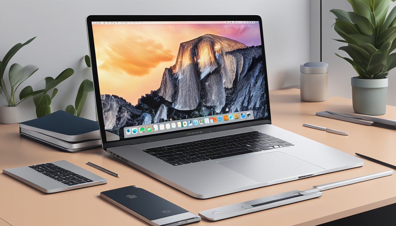 A sleek, silver MacBook Pro 15-inch sits on a modern desk, surrounded by cutting-edge technology and minimalist design elements