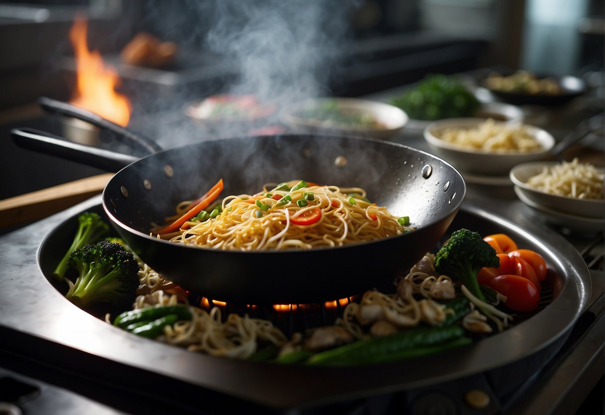 A wok sizzles with stir-fried noodles, vegetables, and meat, seasoned with soy sauce and oyster sauce. Steam rises as the savory aroma fills the kitchen