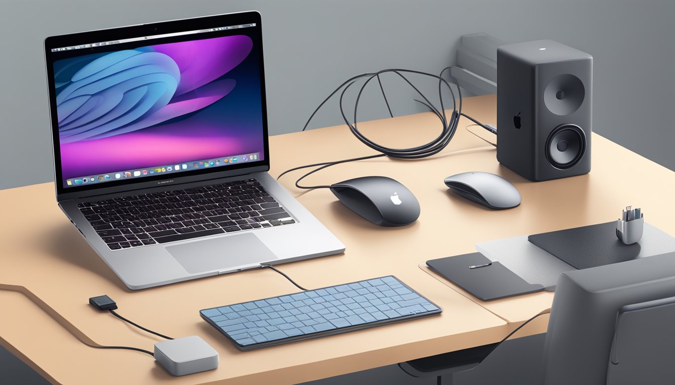 A MacBook Pro 15-inch sits on a sleek desk, surrounded by an external monitor, keyboard, and mouse. A charging cable connects the laptop to a power outlet, while a pair of headphones rests nearby