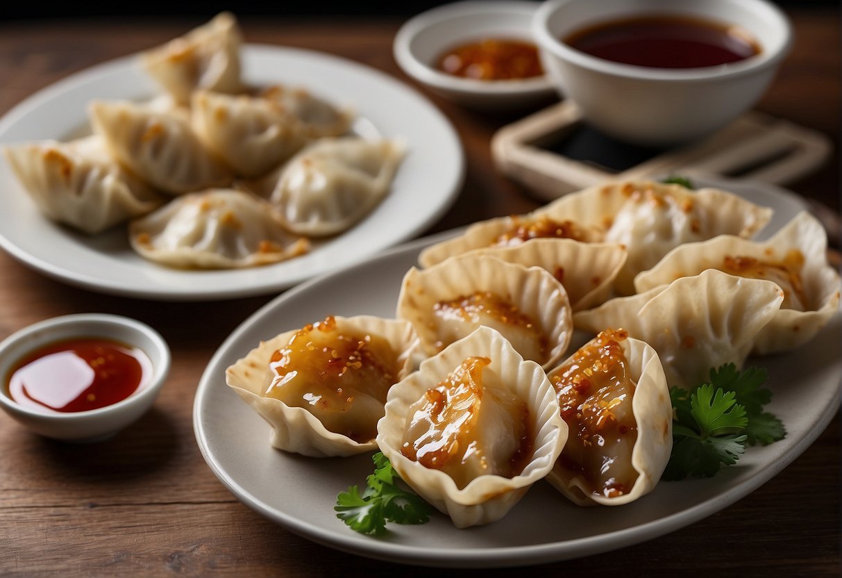 A plate of freshly cooked Chinese gyoza arranged neatly next to a small dipping sauce bowl, with a stack of gyoza wrappers and a bowl of filling ingredients in the background