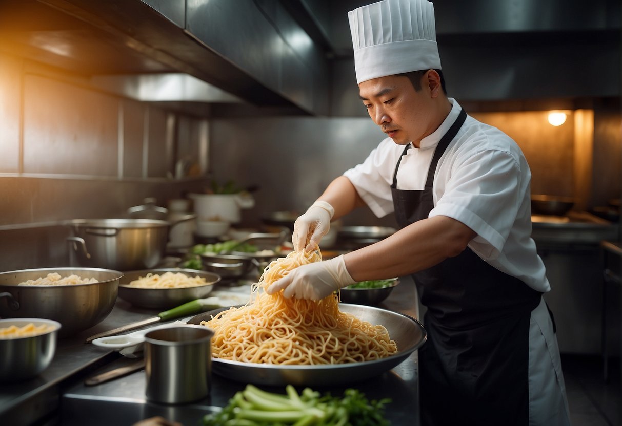 A Chinese chef prepares pancit canton with traditional ingredients in a bustling kitchen