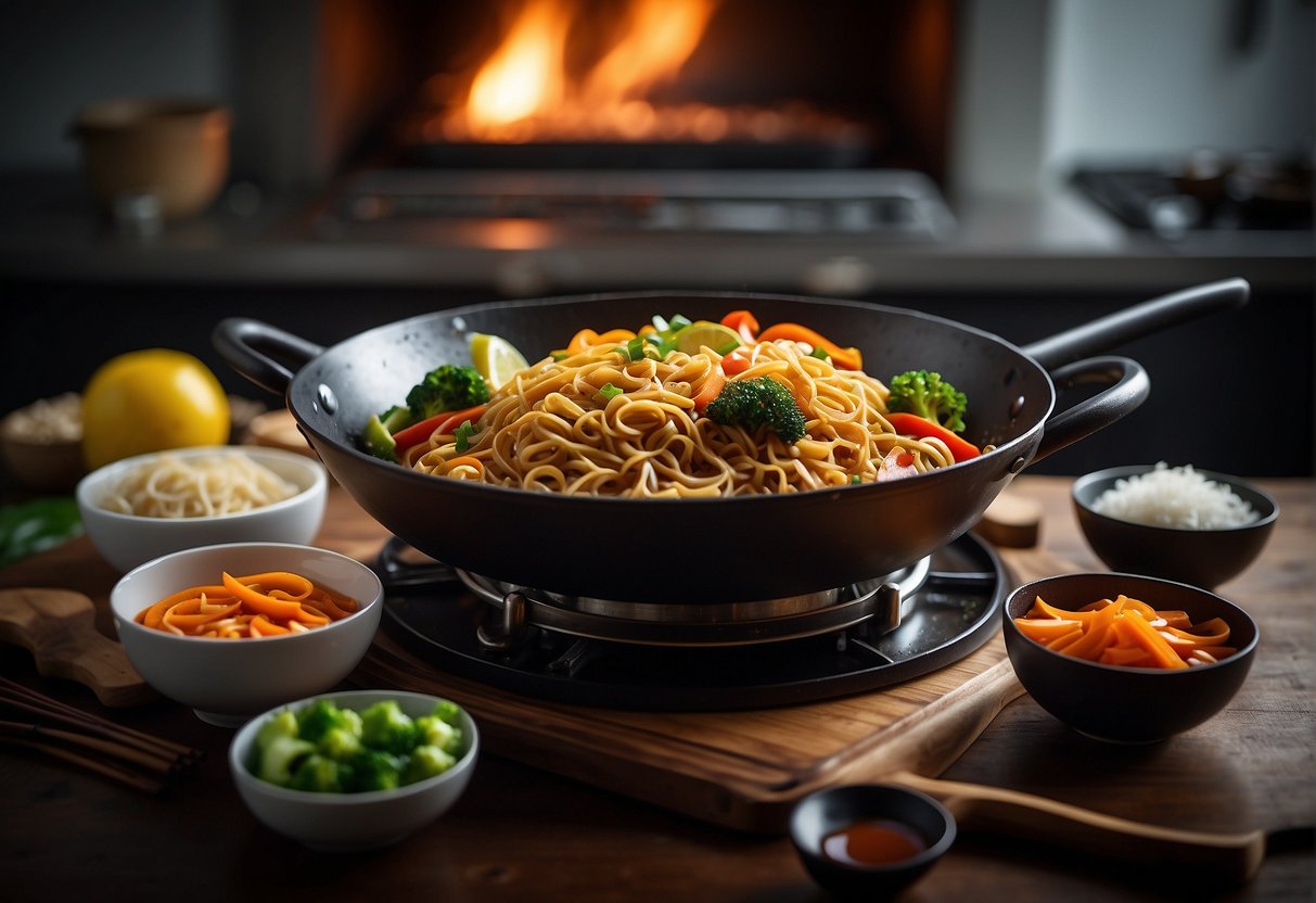 A wok sizzles with stir-fried noodles, vegetables, and meat. A bottle of soy sauce and a bowl of spices sit nearby