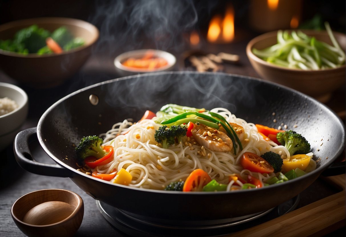 A wok sizzles with rice noodles, vegetables, and savory seasonings, symbolizing the fusion of Chinese and Filipino culinary traditions