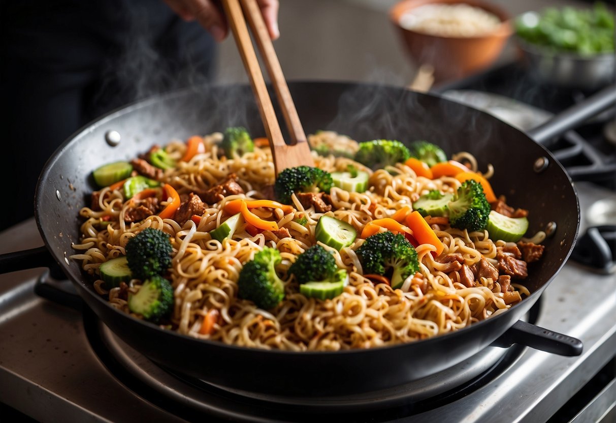 A wok sizzles on a gas stove, filled with sautéed garlic and onions. A medley of vegetables and marinated meat sizzle in the pan. A packet of pancit canton noodles waits to be added to the