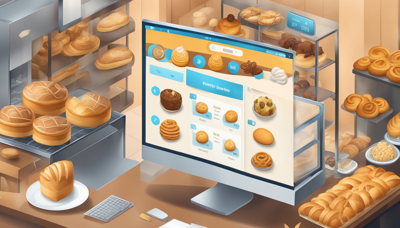 A computer screen displaying a bakery website with a variety of pastries and breads. A cursor hovers over the "buy" button