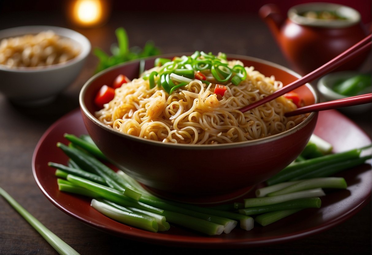A steaming bowl of pancit canton sits on a round, red lacquer plate, surrounded by chopsticks and a small dish of chili oil. Green onions and slices of pork glisten on top