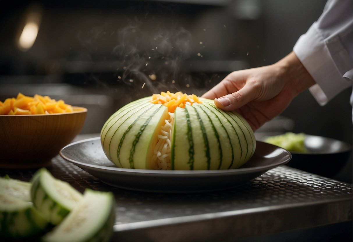 A chef slices chinese hairy melon for a stir-fry dish