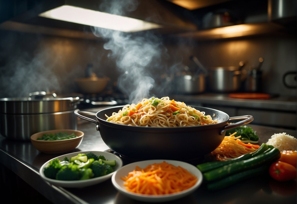 A steaming wok sizzles with stir-fried pancit canton noodles, mixed with colorful vegetables and savory Chinese seasonings. A bowl of leftover noodles sits on the kitchen counter next to an open pantry stocked with various ingredients