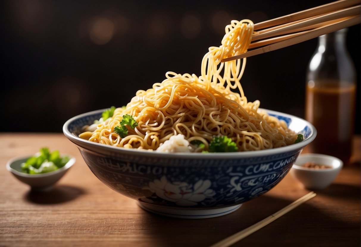 A steaming bowl of pancit canton sits on a wooden table, surrounded by chopsticks and a bottle of soy sauce. Steam rises from the savory noodles, while a pair of chopsticks hovers nearby