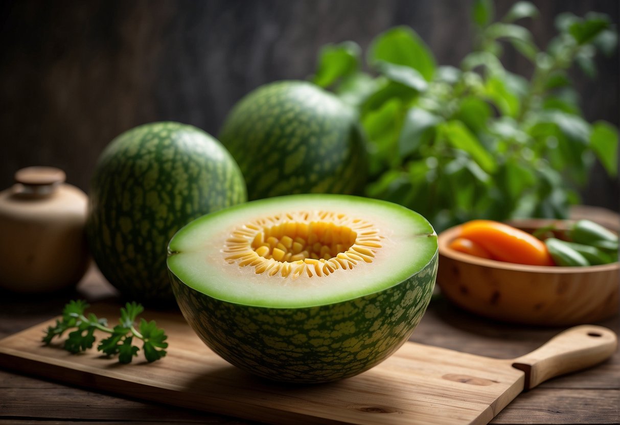 A Chinese hairy melon sits on a rustic wooden table, surrounded by vibrant green leaves and other fresh vegetables. A knife and cutting board are nearby, hinting at the preparation of a delicious recipe