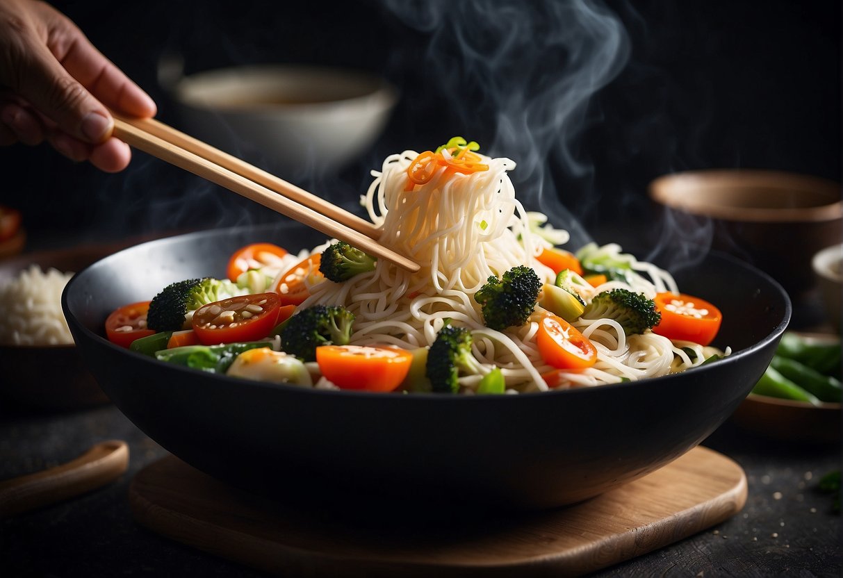 A wok sizzles with stir-fried vegetables and thin rice noodles, while a chef adds soy sauce and tosses the ingredients with chopsticks
