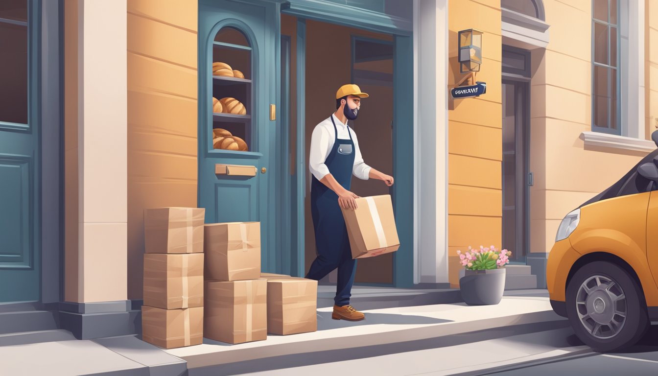A customer effortlessly orders bakery items online, and a delivery person seamlessly drops off the package at their doorstep