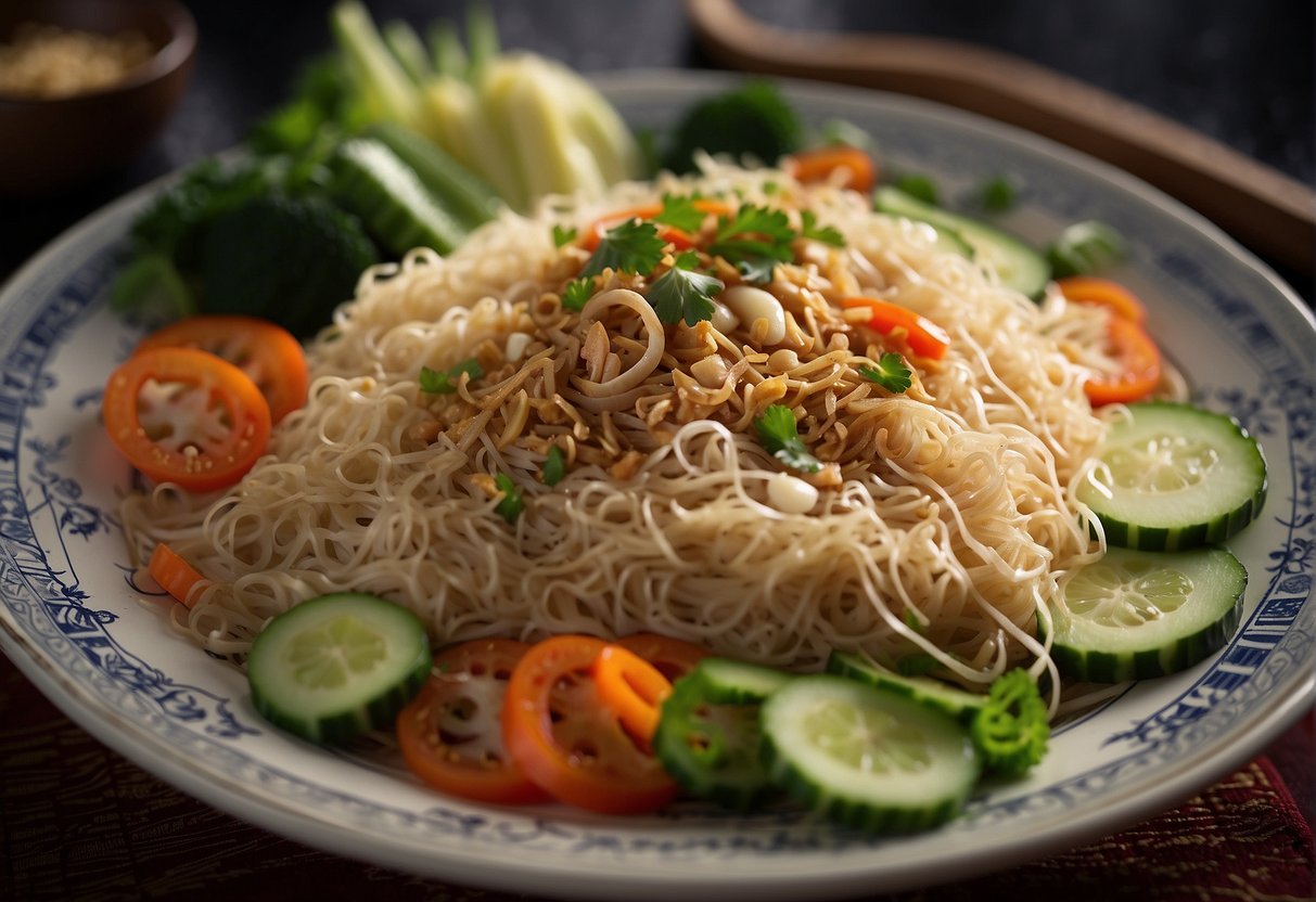 A steaming plate of pancit bihon garnished with fresh vegetables and served on a traditional Chinese-style platter