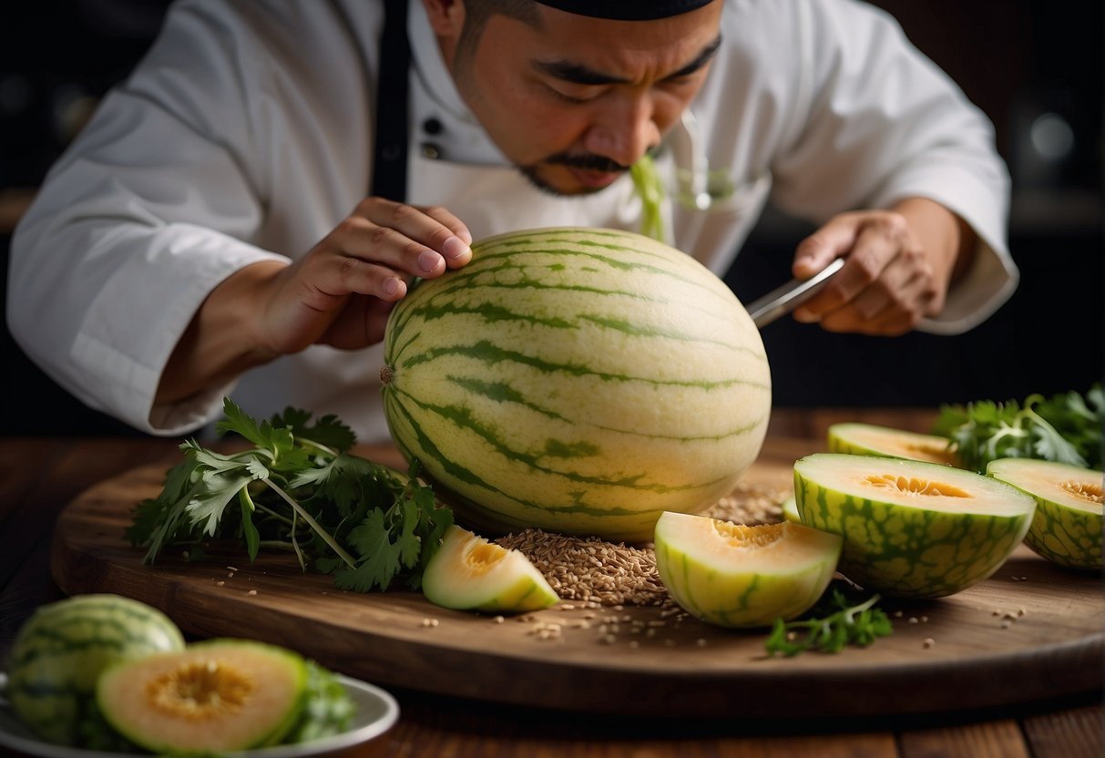 A chef slices chinese hairy melon with precision, mixing it with aromatic spices and herbs