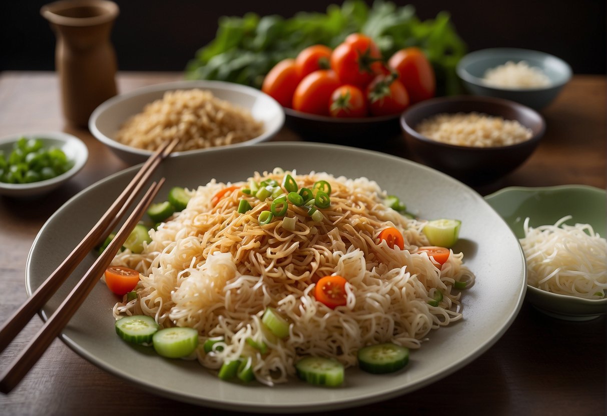 A table set with a steaming plate of pancit bihon, surrounded by chopsticks, soy sauce, and a bowl of fresh vegetables
