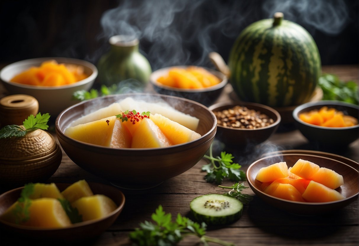 A table set with various Chinese hairy melon dishes, steaming and aromatic, surrounded by vibrant ingredients and traditional utensils