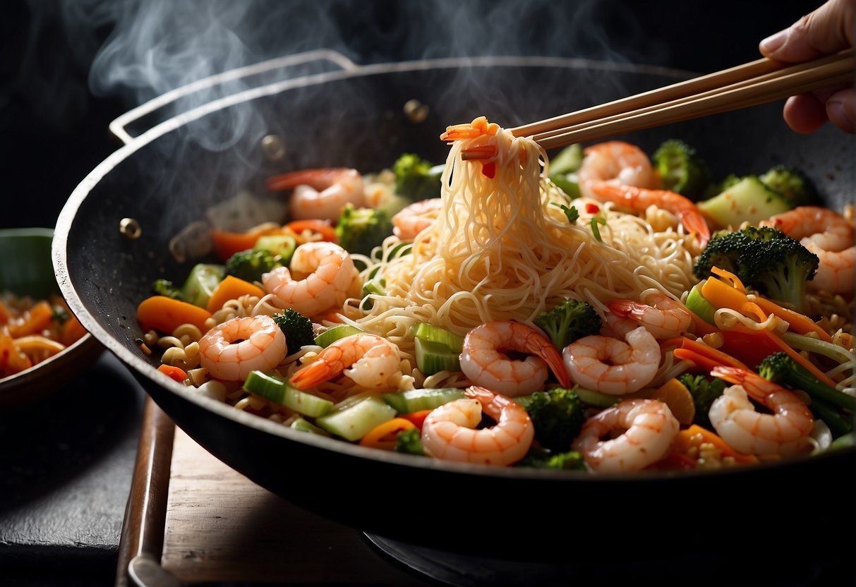 A steaming wok sizzles with stir-fried rice noodles, shrimp, and vegetables. A chef's hand tosses the ingredients with chopsticks, adding savory soy sauce