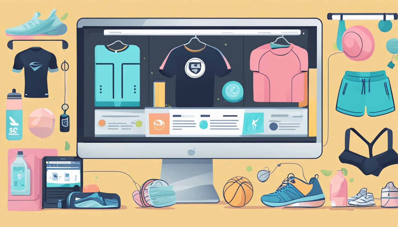 A computer screen with a search bar displaying "where to buy gym clothes online" surrounded by various fitness-related items and logos